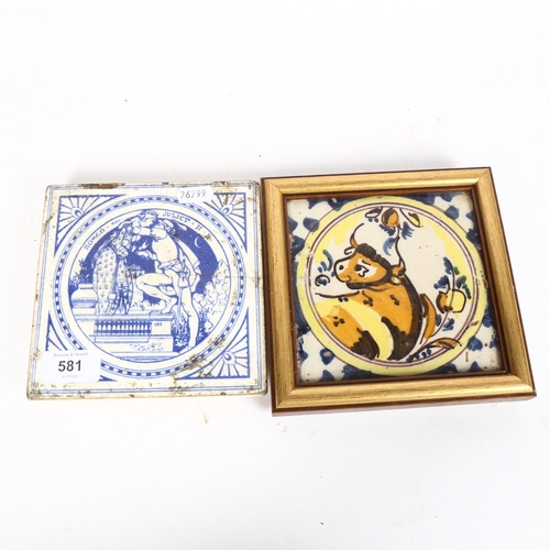 581 - A Victorian tile Romeo and Juliet teapot stand, and a Continental tile, framed