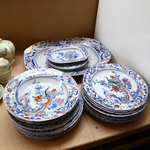 582 - Victorian Masons Ironstone plates, with bird of paradise design, including meat plate, soup plates, ... 