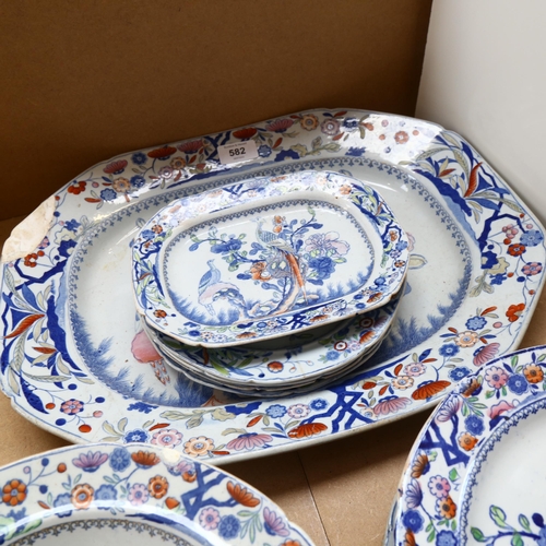 582 - Victorian Masons Ironstone plates, with bird of paradise design, including meat plate, soup plates, ... 