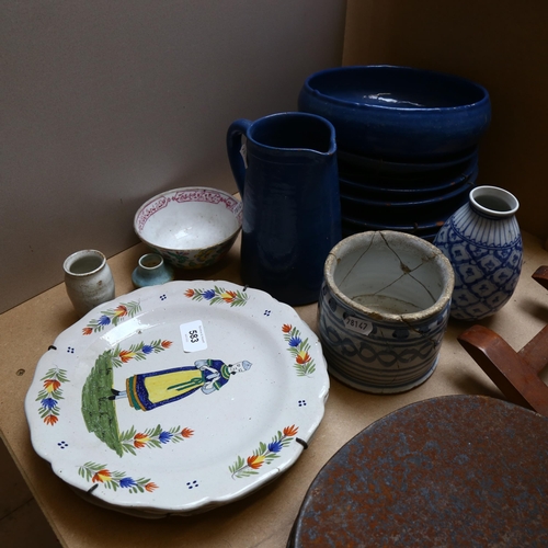 583 - Quimper plates, 24.5cm, blue glazed earthenware jug and plates etc