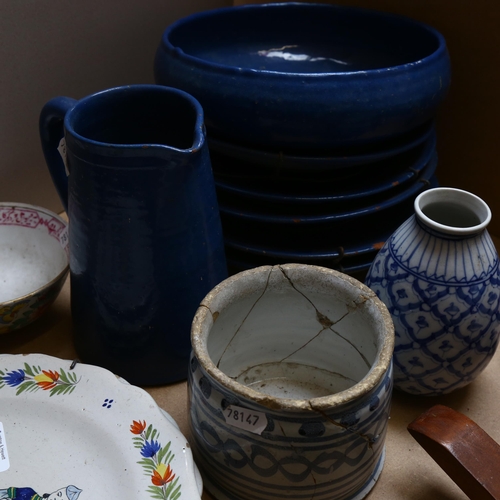 583 - Quimper plates, 24.5cm, blue glazed earthenware jug and plates etc