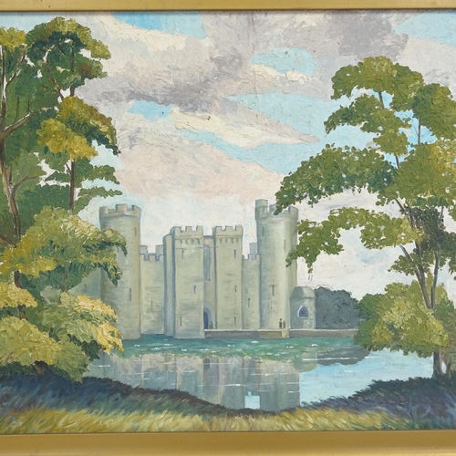 1855 - Mid-20th century oil on board, view of Bodiam Castle, unsigned, 38cm x 49cm, framed