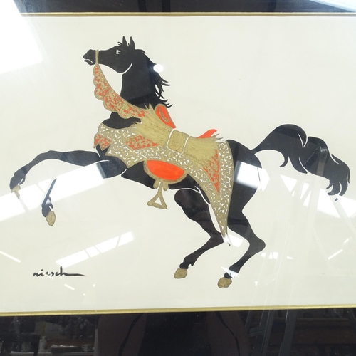 1880 - A pair of watercolours with gilding, studies of Arab horses, indistinctly signed, 34cm x 48cm, frame... 