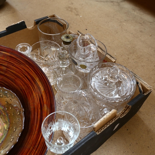 219 - A large coloured glass table centre, various wine glasses, biscuit barrel etc (boxful)