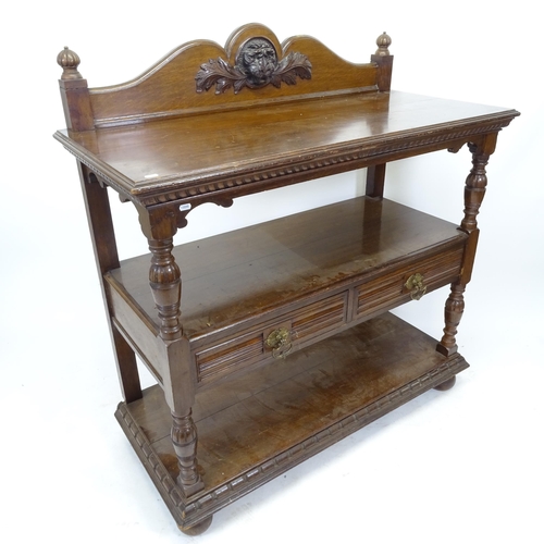 2533 - A Victorian oak 3-tier buffet, with 2 fitted drawers and carved decoration. H - 131cm, W - 123cm, D ... 