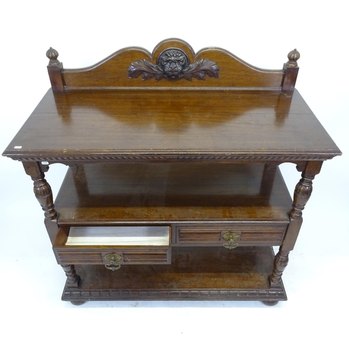 2533 - A Victorian oak 3-tier buffet, with 2 fitted drawers and carved decoration. H - 131cm, W - 123cm, D ... 