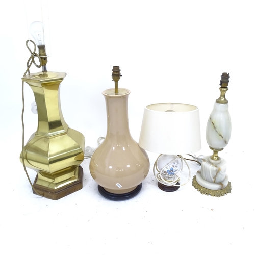 2538 - An alabaster turned table lamp and shade, a ceramic glazed table lamp and shade, a brass table lamp ... 