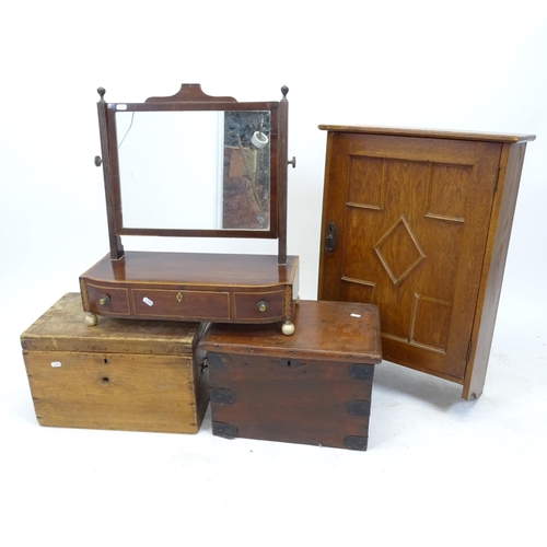 2539 - A 1930s oak hanging cabinet, W50cm, H72cm, D24cm, a 19th century mahogany box swing toilet mirror, w... 