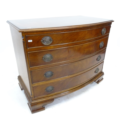 2546 - A reproduction crossbanded mahogany bow-front chest of 4 drawers, on bracket feet, W93cm, H74cm, D57... 