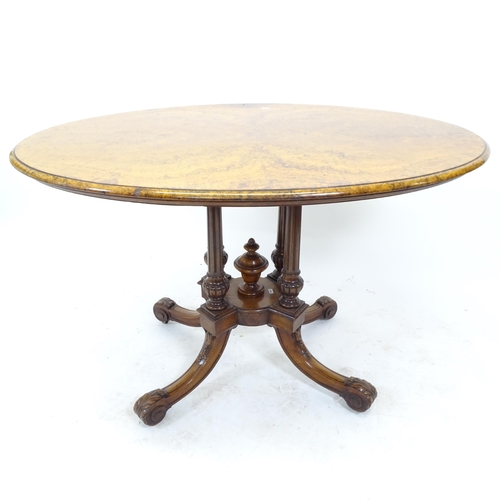 2547 - A Victorian burr-walnut oval loo table, L113cm, H72cm, D80cm