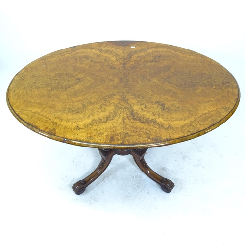 2547 - A Victorian burr-walnut oval loo table, L113cm, H72cm, D80cm