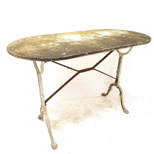 2560 - An oval marble-topped garden table, on wrought-iron base, L110cm, H75cm, D55cm