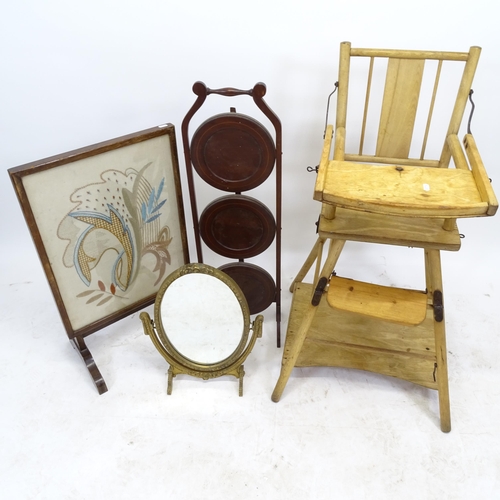 2569 - An Edwardian mahogany 3-tier folding cake stand, a Vintage pine metamorphic high-chair, a swing toil... 