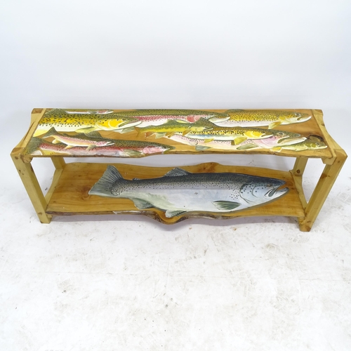 2570 - A painted pine 2-tier side table/bench, with painted fish decoration, by Clive Fredriksson, L131cm, ... 