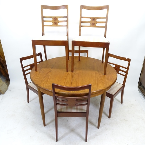 2576 - A mid-century G Plan circular extending dining table, D122cm, H72cm, and 6 x G Plan chairs