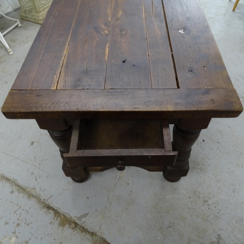 2585 - A 19th century oak plank-top dining table, on baluster turned legs, with H-shaped stretcher, L202cm,... 