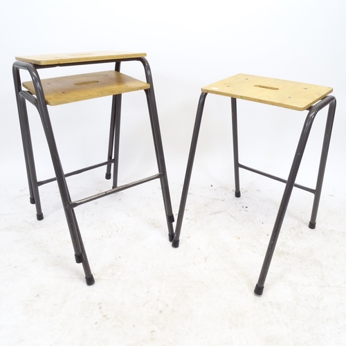 2591 - A set of 3 Remploy stacking stools, with plywood seats on tubular metal frame, and a mahogany tilt t... 