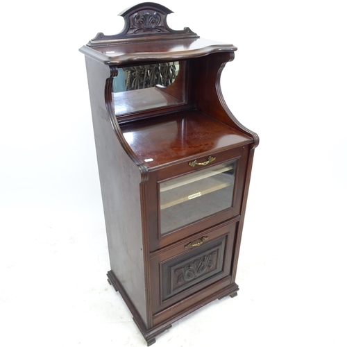 2602 - An Edwardian mahogany music cabinet, with raised mirror back, W47cm, H125cm, D40cm