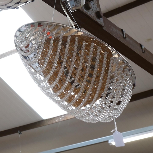 442 - A polished metal ceiling light with chains of beads, 38cm diameter approx, and 2 leadlight design ce... 