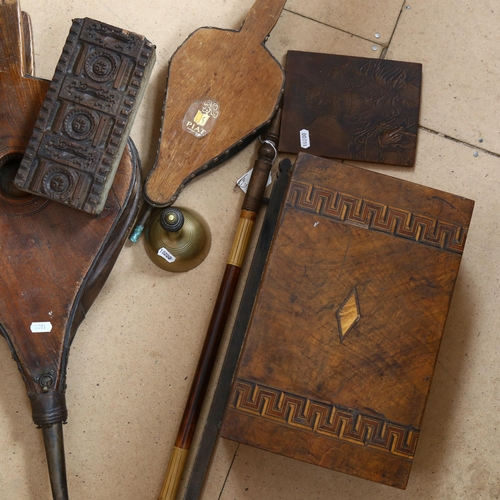 447 - Bellows, carved plaque, and a brass hand bell