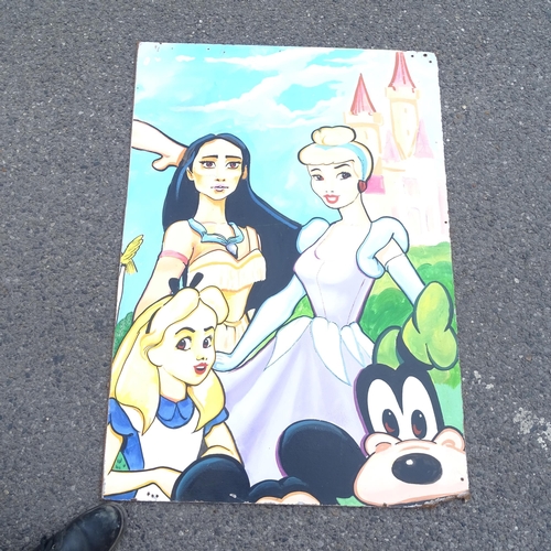 2634 - A set of 4 large hand painted panels depicting Disney characters, largest W86cm, H123cm