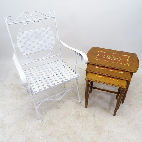 2636 - A white painted metal folding garden seat, and a nest of 3 occasional tables, largest L58cm, H52cm, ... 