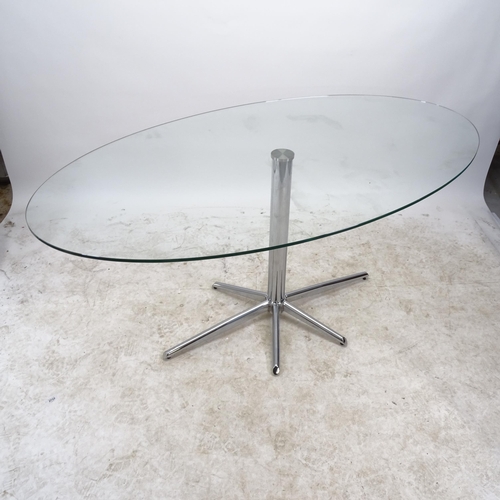 2639 - A contemporary design oval glass dining table, on 6-star chrome pedestal base, L160cm, H74cm, D90cm