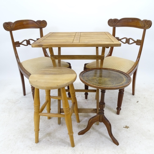 2655 - A teak square-top folding garden table, W58cm, H74cm, a pair of Regency style mahogany dining chairs... 