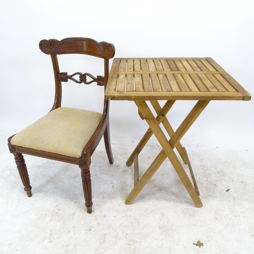 2655 - A teak square-top folding garden table, W58cm, H74cm, a pair of Regency style mahogany dining chairs... 