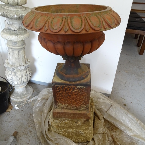 2656 - A pair of terracotta garden urns on stand, D47cm, height excluding plinth 70cm