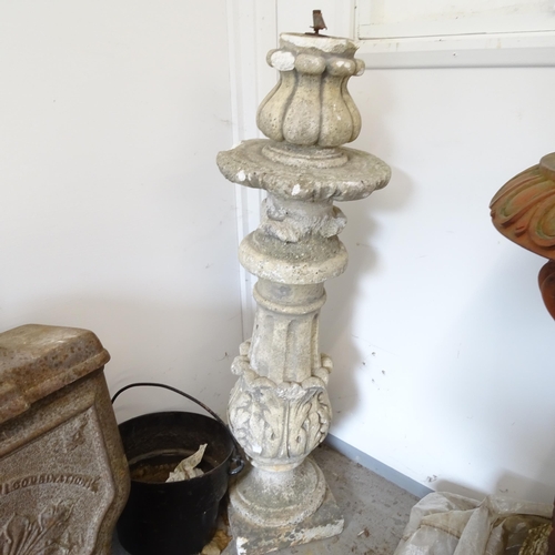 2657 - A weathered concrete garden pedestal, with embossed acanthus leaf decoration, H106cm