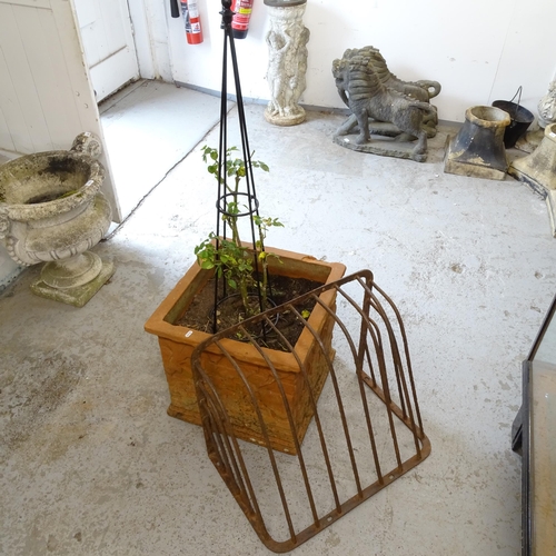 2664 - A large terracotta square garden planter, containing rose plant, W50cm, H45cm, and a hay rack