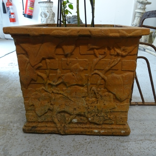 2664 - A large terracotta square garden planter, containing rose plant, W50cm, H45cm, and a hay rack