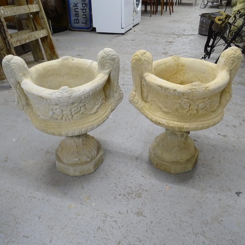 2671 - A pair of concrete 2-handled garden urn planters, on pedestals, W46cm, H58cm