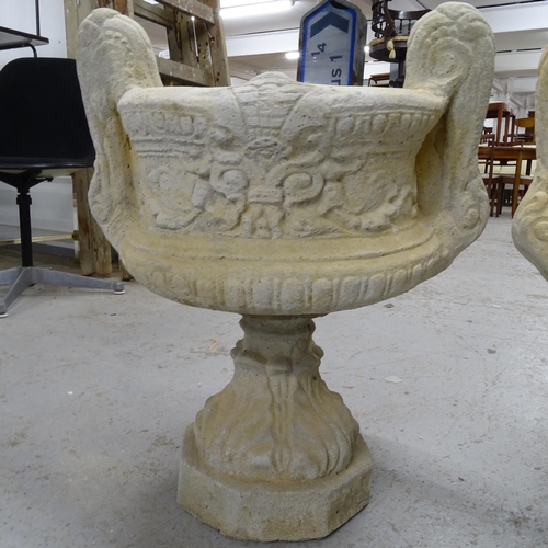 2671 - A pair of concrete 2-handled garden urn planters, on pedestals, W46cm, H58cm