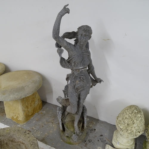 2675 - A weathered cast-metal garden ornament, in a Classical form of woman on chariot