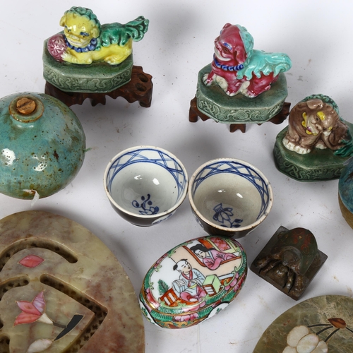 603 - 3 small Chinese glazed dog of fo, a pair of miniature Chinese tea bowls, 2 small turquoise glazed po... 