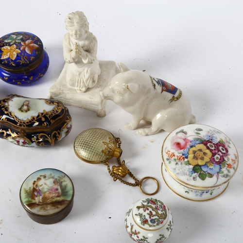 606 - A group of miniature pots and covers, including Staffordshire, a Bristol blue and enamelled, crested... 