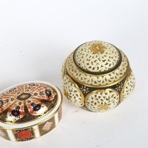 608 - A Royal Crown Derby porcelain trinket box and cover, a Royal Worcester trefoil pot and cover, and a ... 