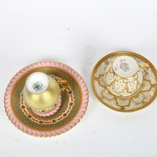 613 - A Royal Worcester China Works reticulated coffee can and matching saucer, and a Coalport pink ground... 