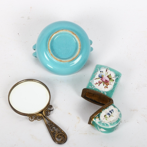 620 - A small Chinese turquoise dish, with 2 scrolled handles, a painted and enamelled Vesta, and a miniat... 