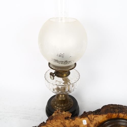 659 - A burr wood inset mantel barometer, width 66cm, and a Vintage oil lamp (2)