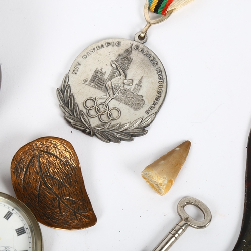 136 - Various collectables, including Chinese character mark teaspoons, 1947 London Olympic Games medal, p... 