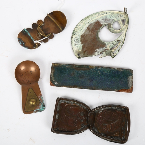 156 - A group of Art Nouveau metalware, including enamel belt buckle, length 7.5cm