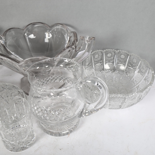 201 - A mid-20th century Chippendale glass 2-handled table centre, a ship's decanter, a water jug etc (8)