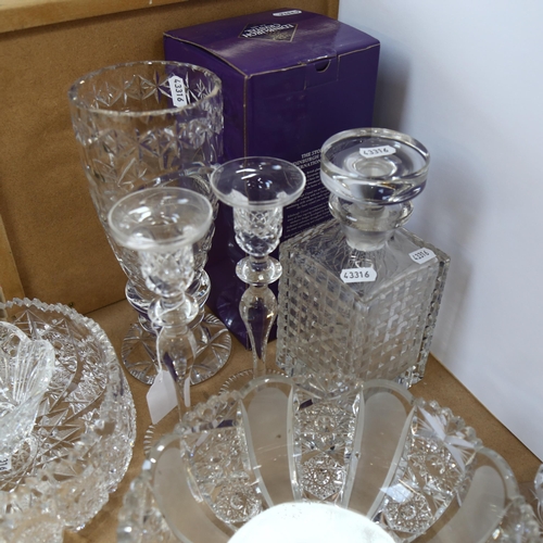 205 - An Edinburgh Crystal glass vase, boxed, a pair of glass candlesticks, fruit bowls, decanter etc