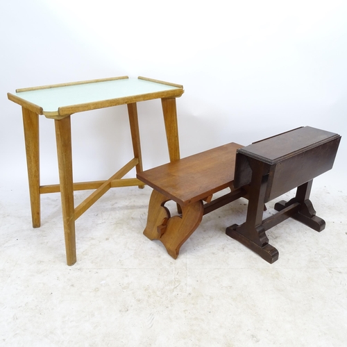 2735 - A mid-century teak tray-top occasional table, with melamine top, a mahogany footstool, and an Antiqu... 