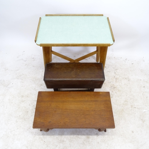 2735 - A mid-century teak tray-top occasional table, with melamine top, a mahogany footstool, and an Antiqu... 