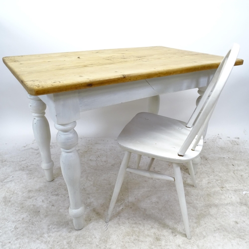 2736 - A small pine farmhouse kitchen table on turned legs, L106cm, H74cm, D68cm, and a white painted stick... 