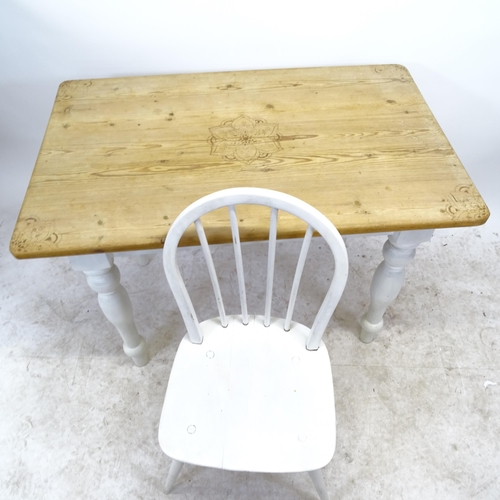 2736 - A small pine farmhouse kitchen table on turned legs, L106cm, H74cm, D68cm, and a white painted stick... 